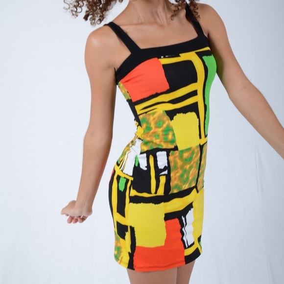 TAMARA ZOVICH VIBRANT RED BLACK YELLOW FITTED DRESS - Picture 1 of 12